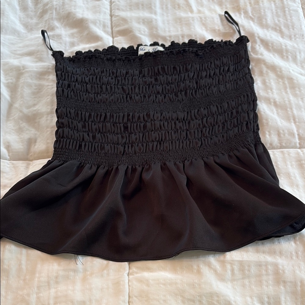 She + Sky Elegant Black Smocked Peplum Top